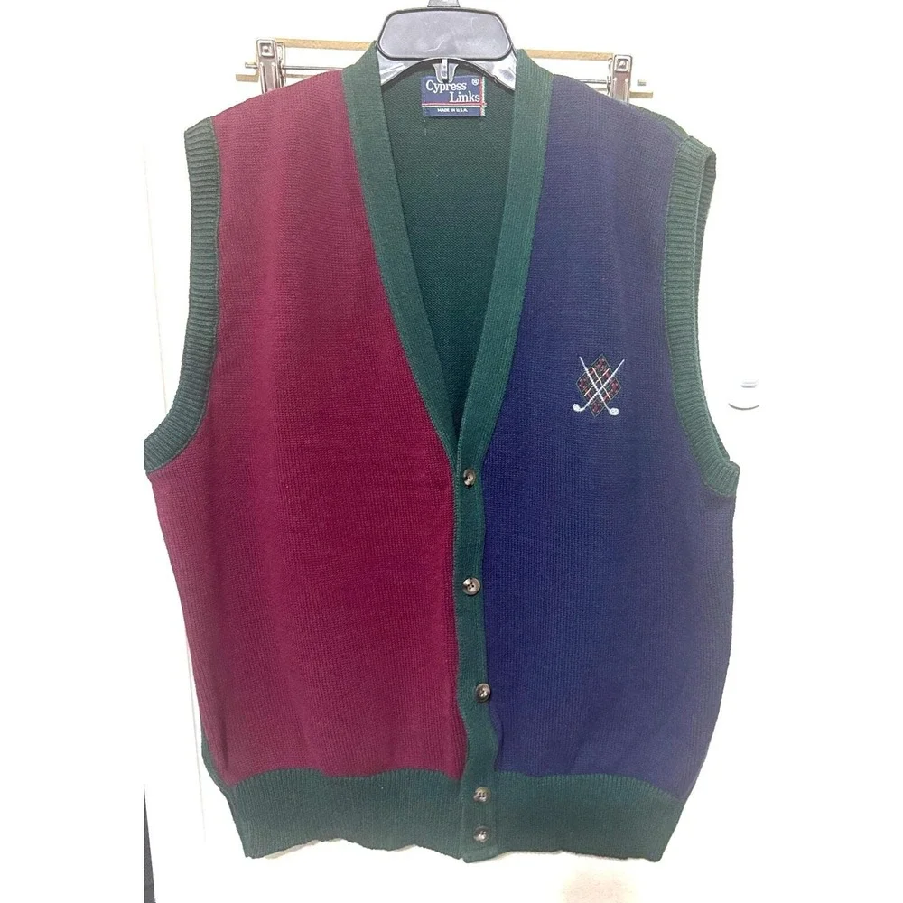 Vintage Cypress Links Golf Vest Mens XL Colorblock Cotton Cardigan Knit USA Made